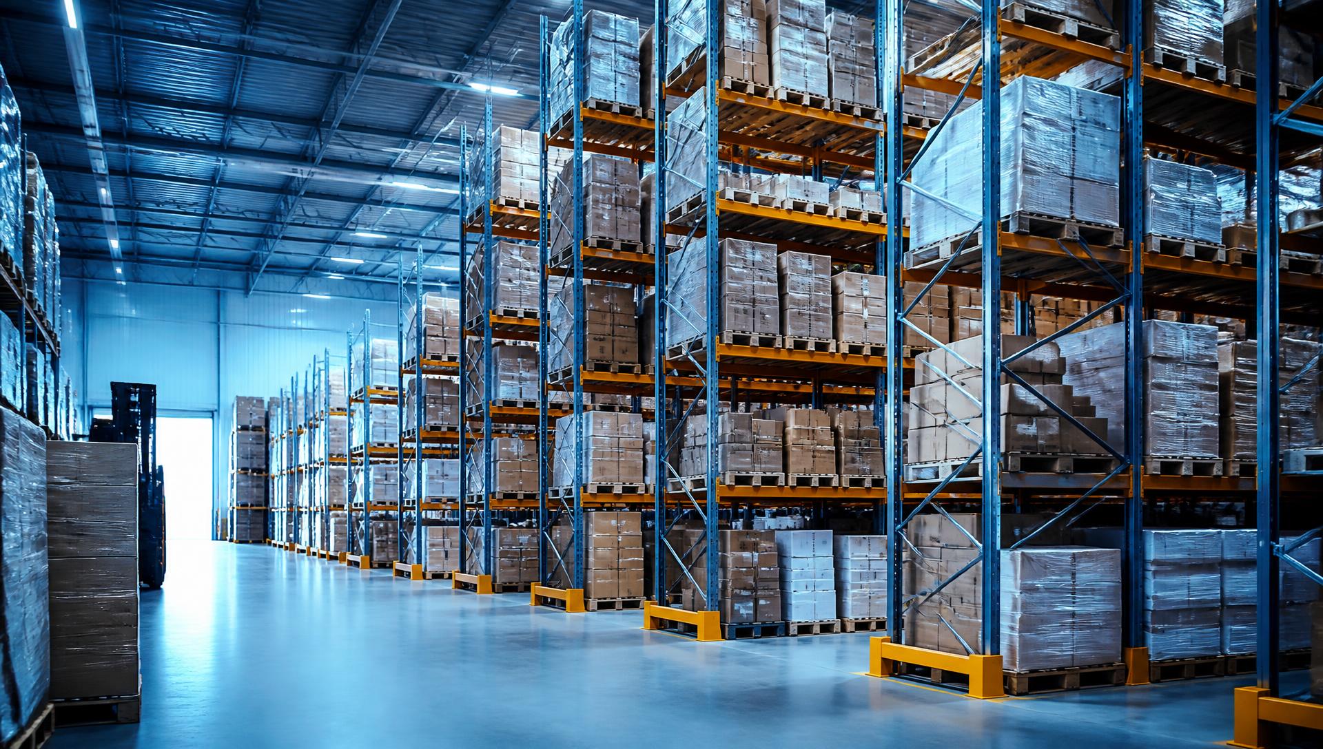 Organized wholesale distribution warehouse with palletized inventory